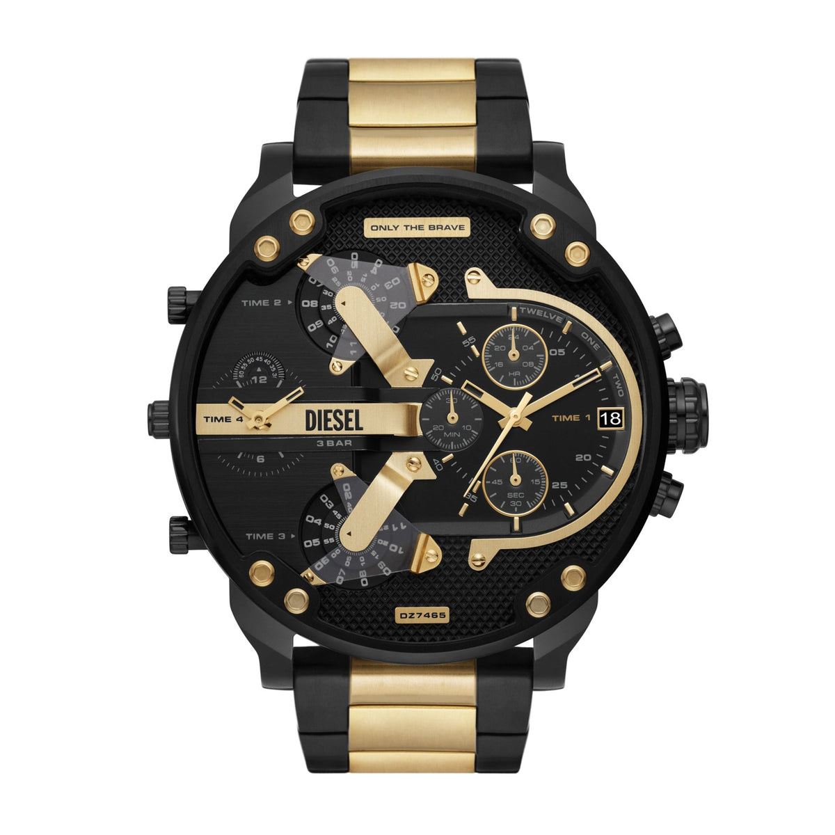 DIESEL Mr. Daddy 2.0 chronograph watch with black dial, gold and black stainless steel two-tone design, front view