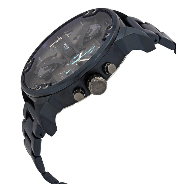 Diesel Big Daddy DZ7414 316L blue stainless steel 4 time zones 30m water resistant
