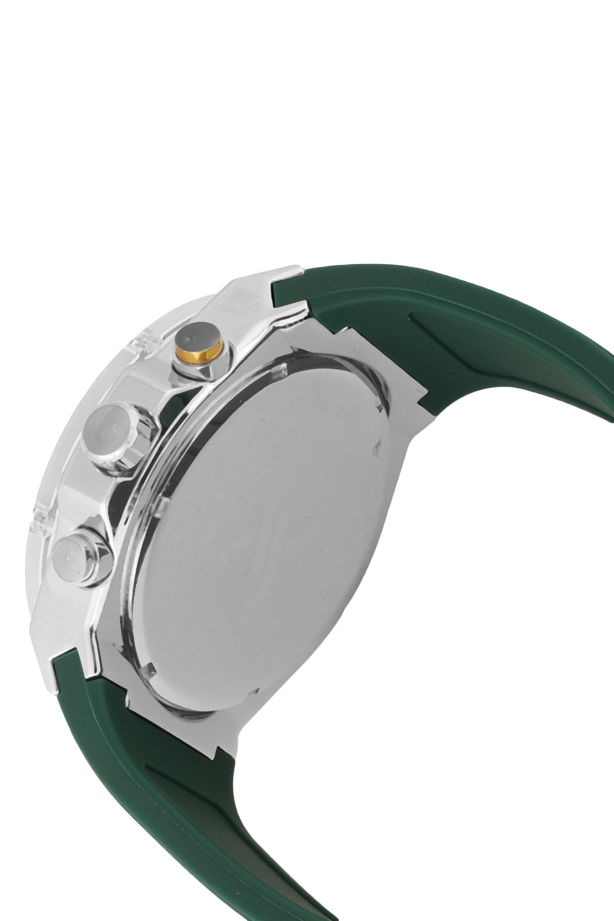 Daniel Klein chronograph watch angled view displaying case profile and green strap