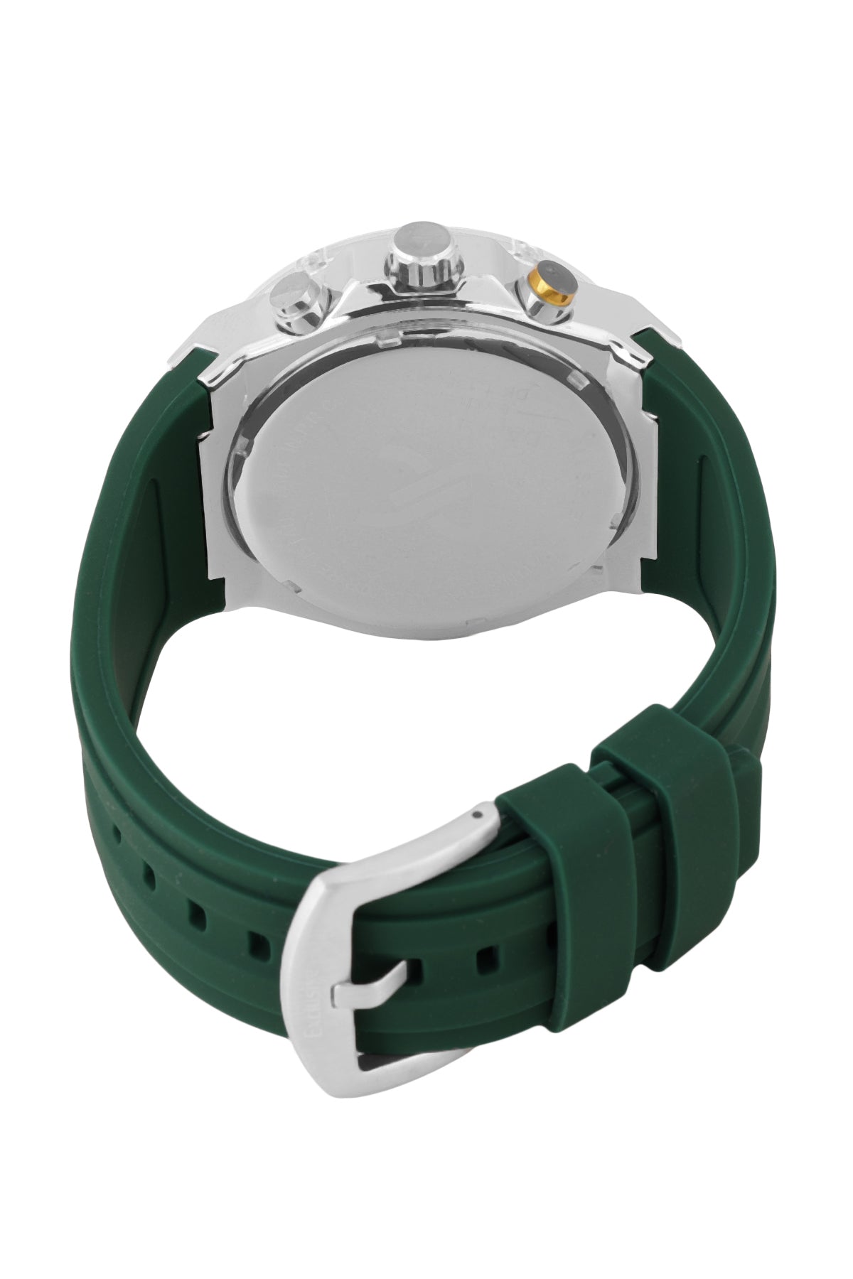 Daniel Klein watch caseback view with green silicone strap and silver case
