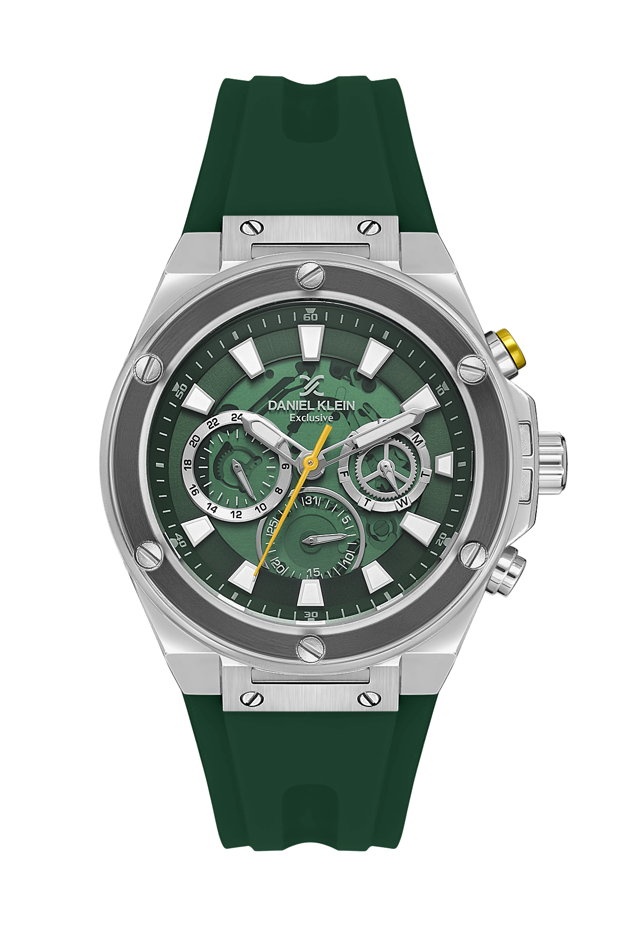 Daniel Klein watch front view with green skeleton dial and silver chronograph case