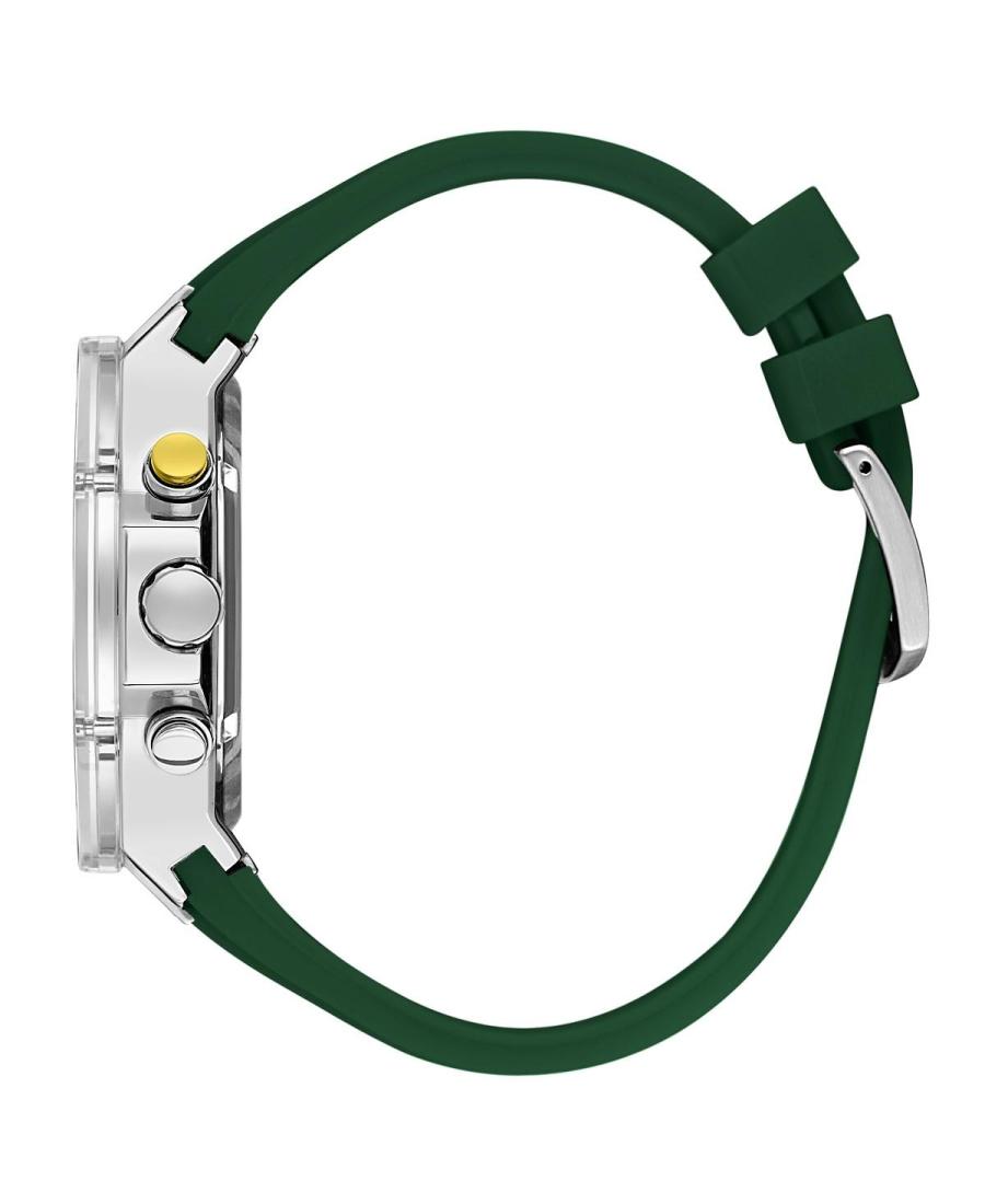 Daniel Klein chronograph watch side view showing silver case, pushers, and green strap
