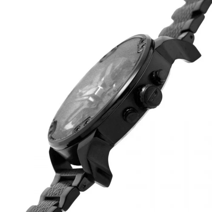 Diesel Mr. Daddy 2.0 DZ7468 black chronograph watch worn on wrist showing side profile and strap