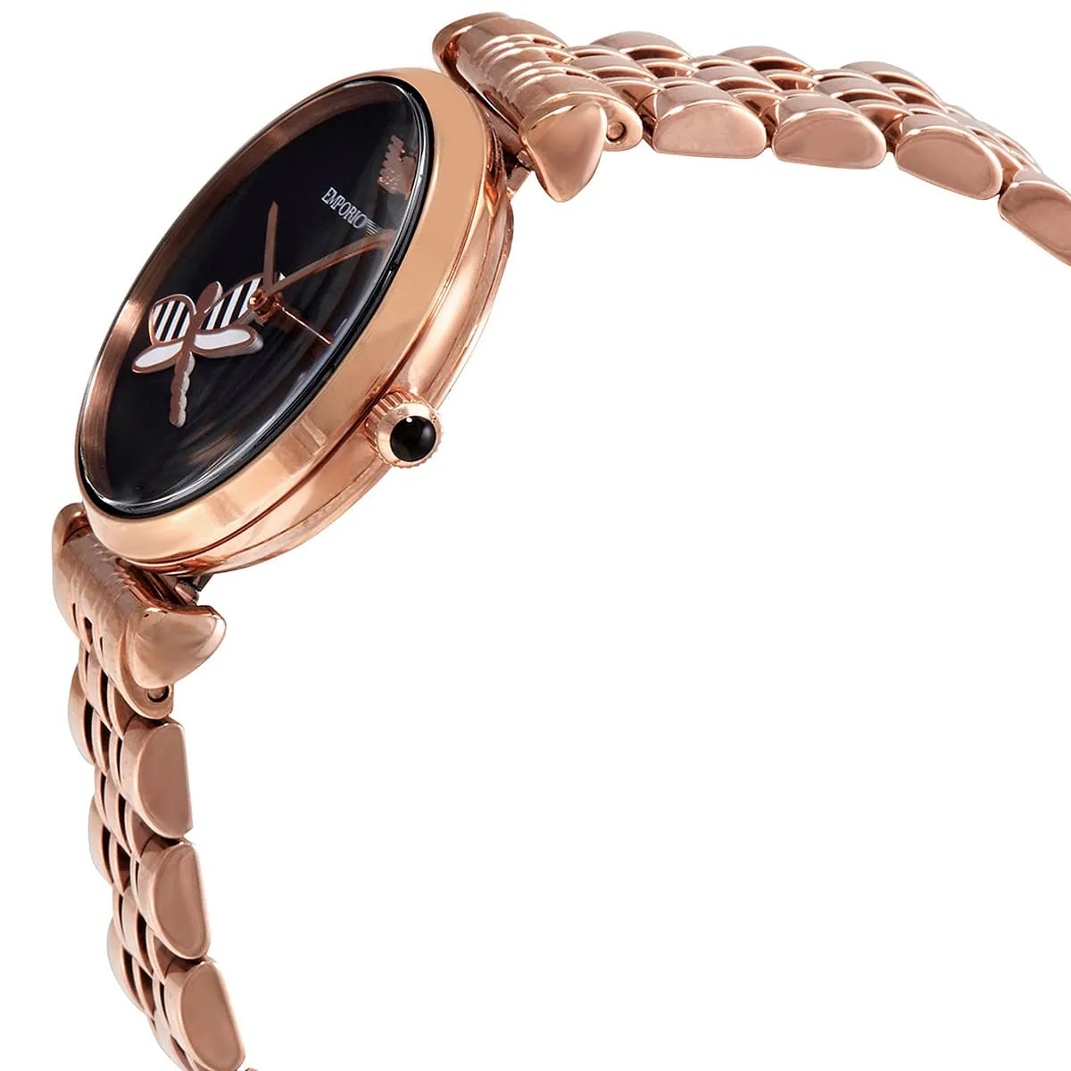 Emporio Armani AR11206 rose gold watch angled view showing side profile and black dial