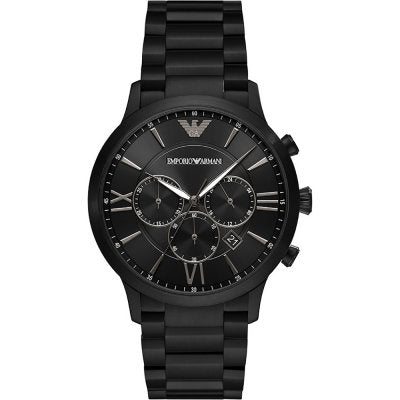 Emporio Armani AR11349 black chronograph watch with Roman numeral dial and stainless steel bracelet