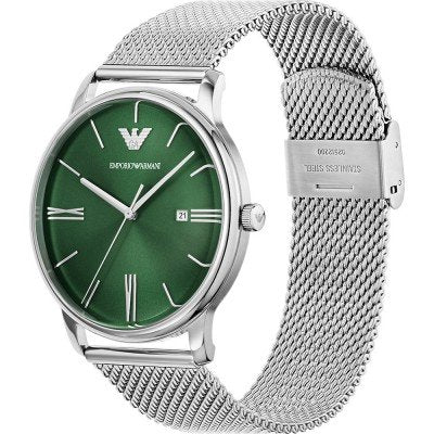 Angled view of Emporio Armani AR11578 with green dial and mesh bracelet