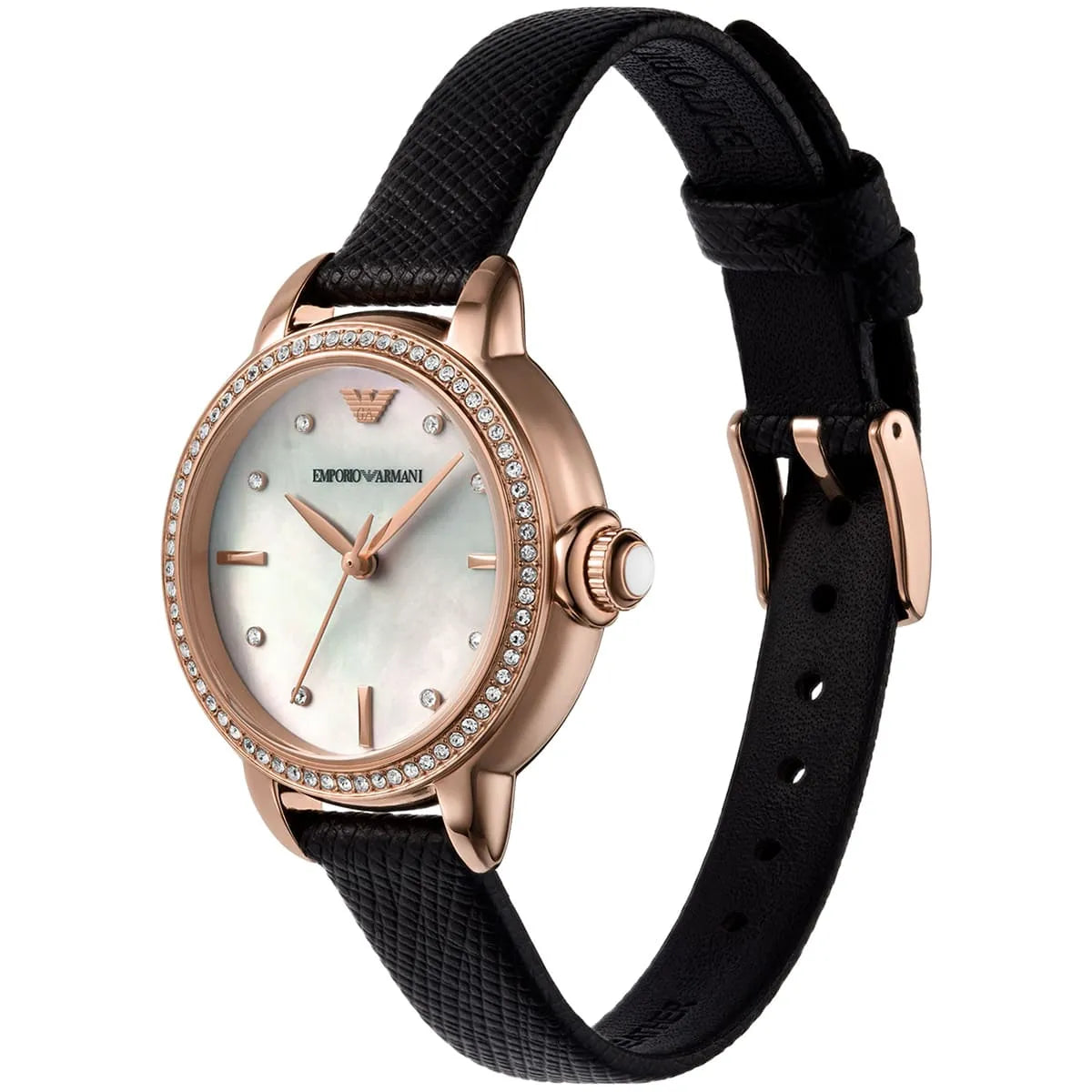 Emporio Armani Rosa MOP Dial Black Genuine Leather Women's Watch - AR11598
