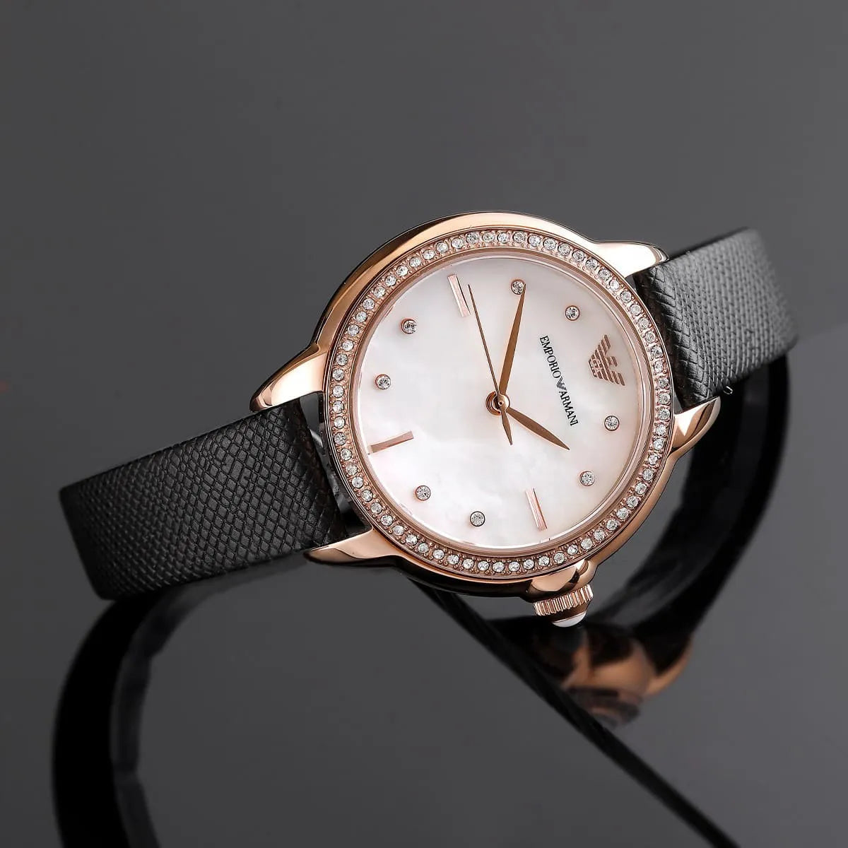 Emporio Armani Rosa MOP Dial Black Genuine Leather Women's Watch - AR11598