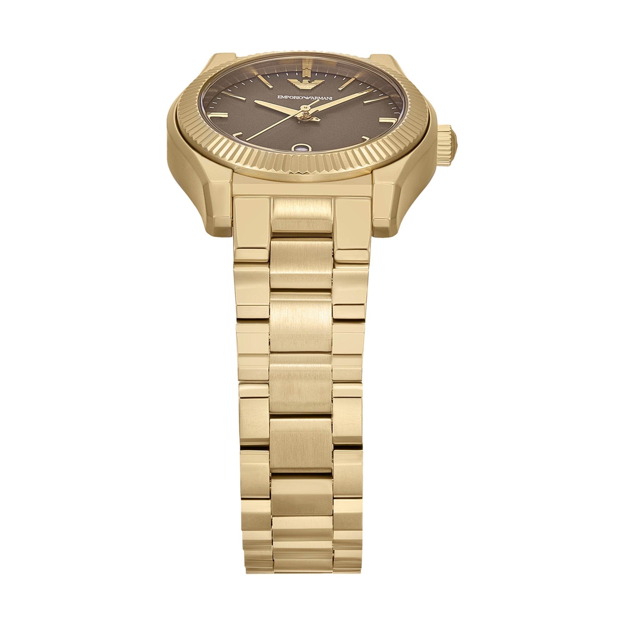 Emporio Armani AR11700 watch shown from front angle with gold stainless steel bracelet