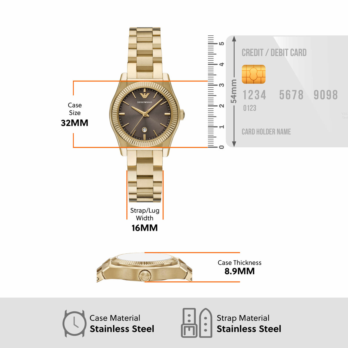 Emporio Armani AR11700 specs: 32mm case, 16mm strap width, 8.9mm thickness, stainless steel