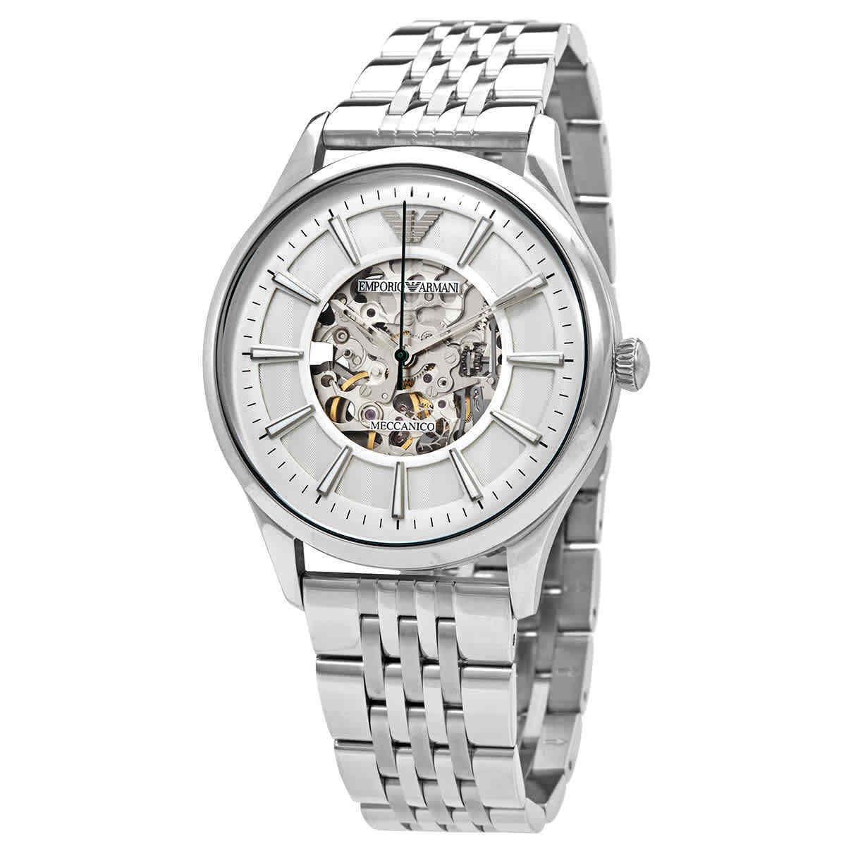 Emporio Armani AR1945 automatic dress watch with silver skeleton dial and steel bracelet