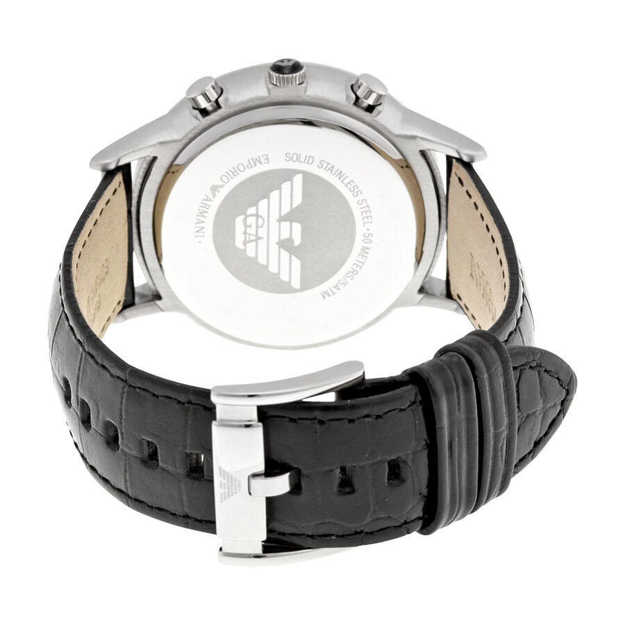 Caseback of Emporio Armani AR2447 showing stainless steel with Emporio Armani logo and watch specifications
