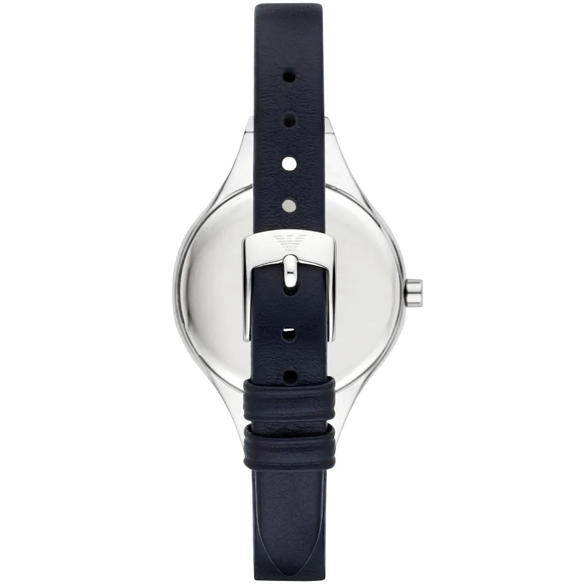 Emporio Armani Chiara AR7429 watch viewed from back showing dial and black leather strap