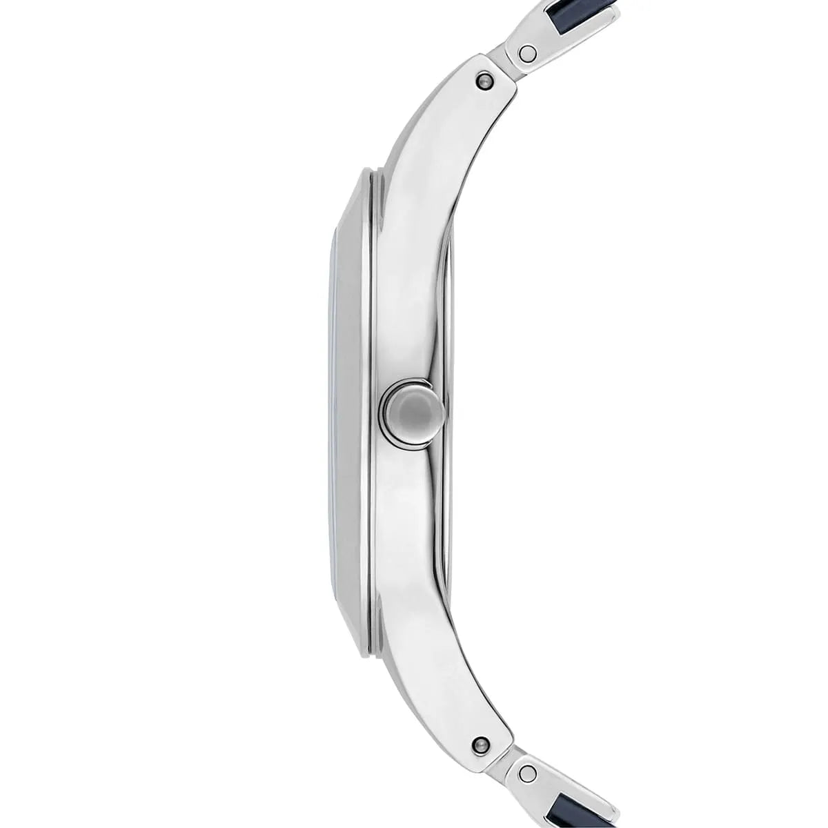 Side profile of Emporio Armani Chiara AR7429 showing silver stainless steel case thickness