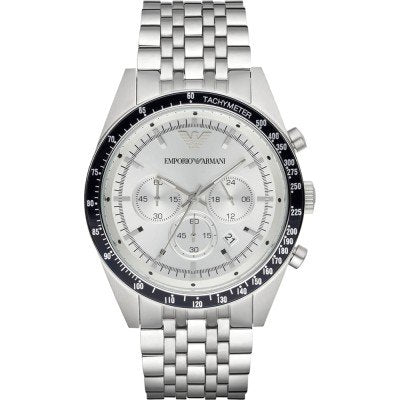 Emporio Armani Chrono Tazio XLarge stainless steel chronograph watch with white dial and black tachymeter bezel
