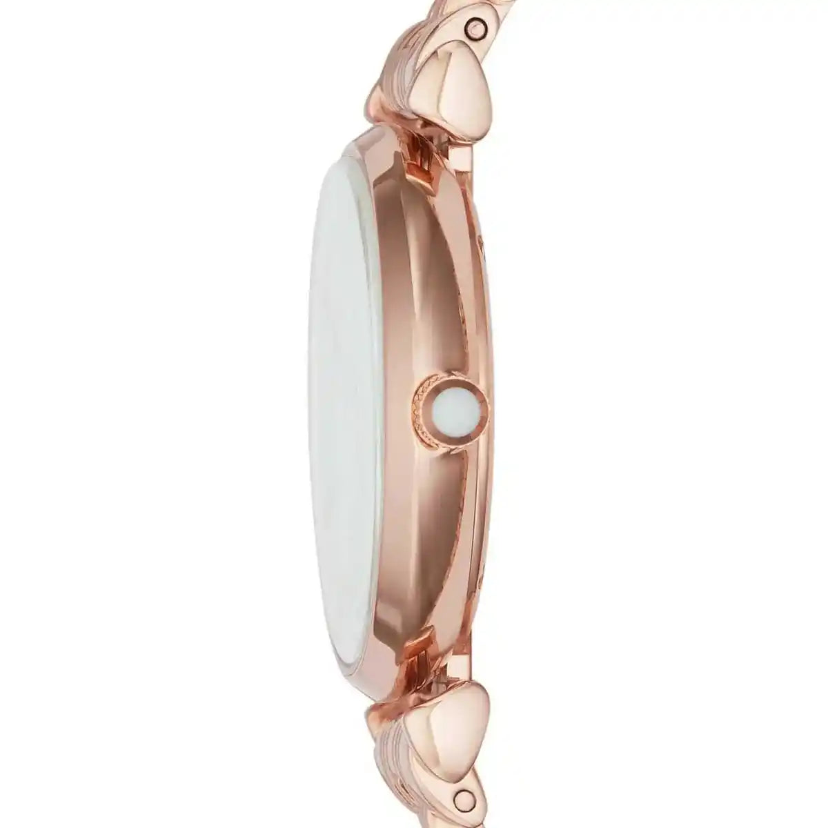 Emporio Armani Gianni rose gold watch side profile showing case depth