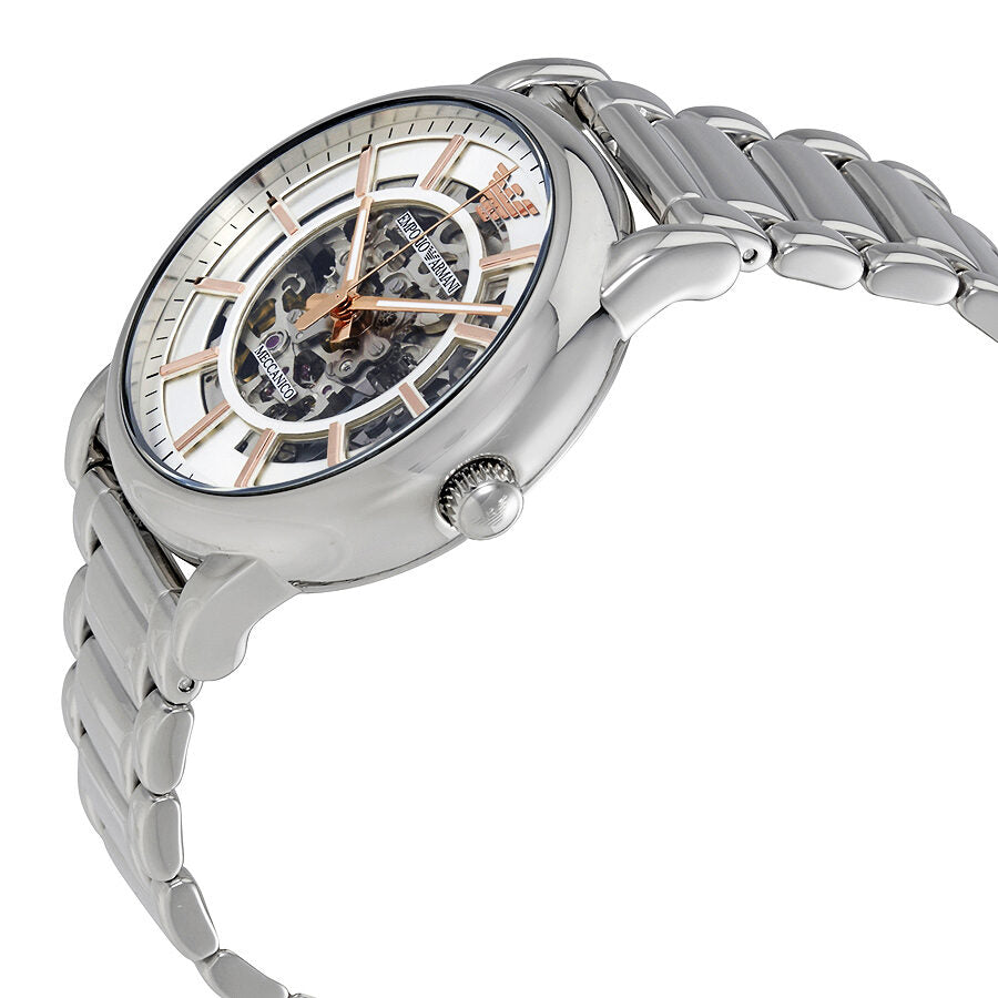 Emporio Armani Luigi watch angled view showing silver case and skeleton dial detail