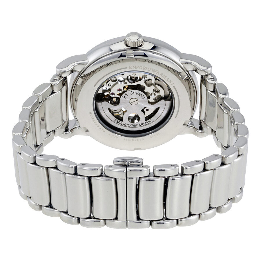 Emporio Armani Luigi watch caseback showing automatic movement and silver bracelet