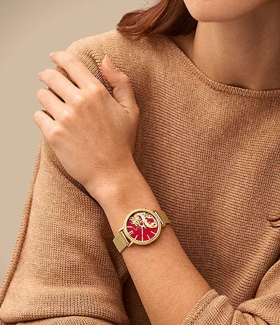 Fossil Jacqueline Dragonsteel Limited Edition Red Dial Gold Mesh Strap Watch for Women - ES5316