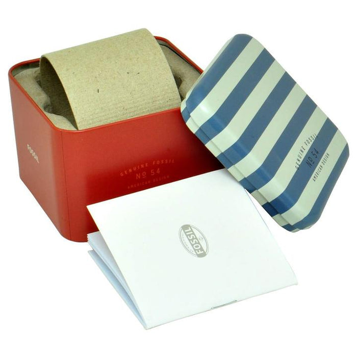 Fossil Jacqueline watch box packaging with striped gift box and presentation materials