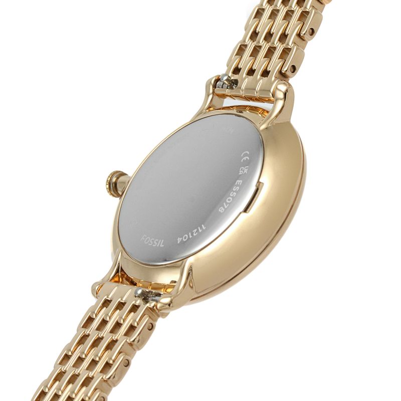 Caseback of Fossil Jacqueline watch with engraved Fossil branding and case details