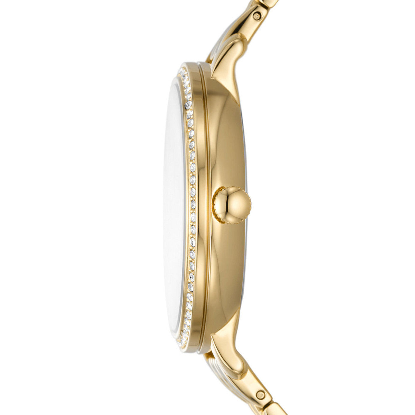 Side profile of Fossil Jacqueline watch showing gold case profile and link bracelet