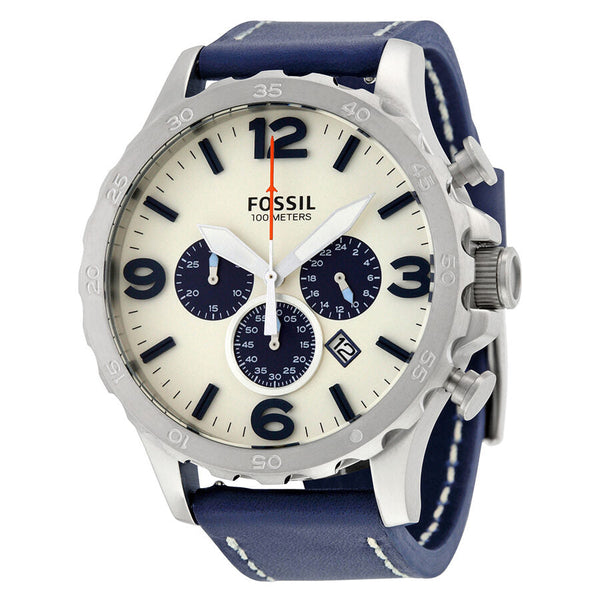 Fossil Nate Chronograph Beige Dial Navy Blue Leather Men's Watch JR1480 - BigDaddy Watches