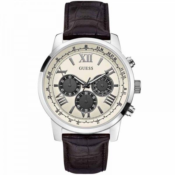 Guess Men’s White Dial Leather Band Watch W0380G1 - Watch