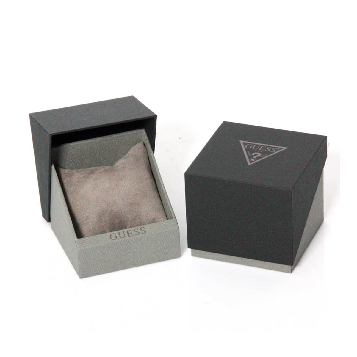 Guess watch box with separate lid and base showing two-tone gray and dark design with cushioned interior pillow