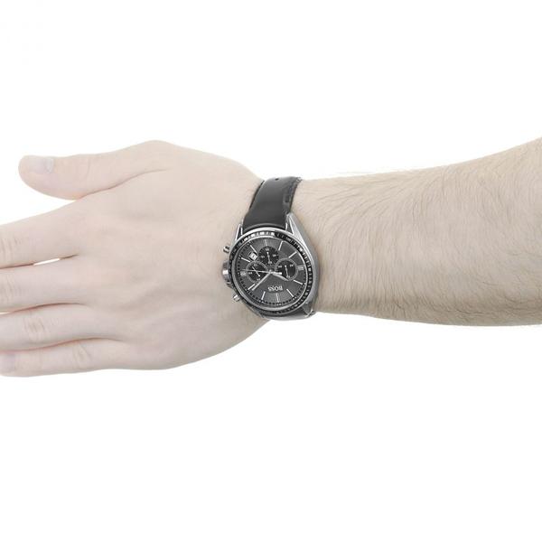 Hugo Boss chronograph watch worn on wrist with black leather strap and steel case