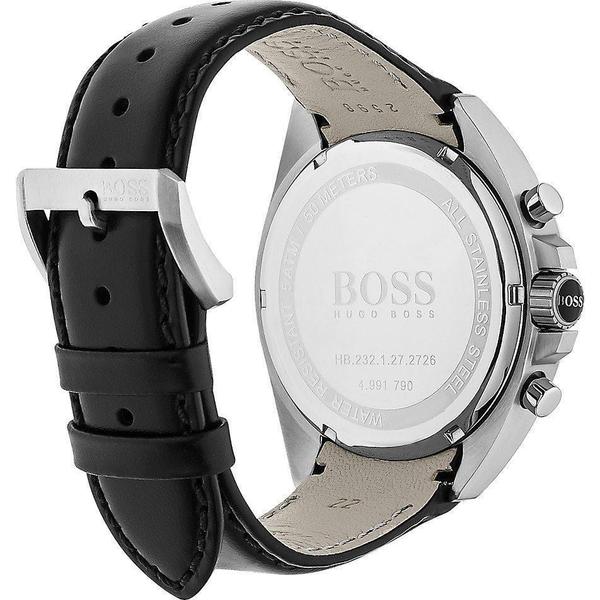 Hugo Boss chronograph watch side profile showing black leather strap with cream-colored leather backing