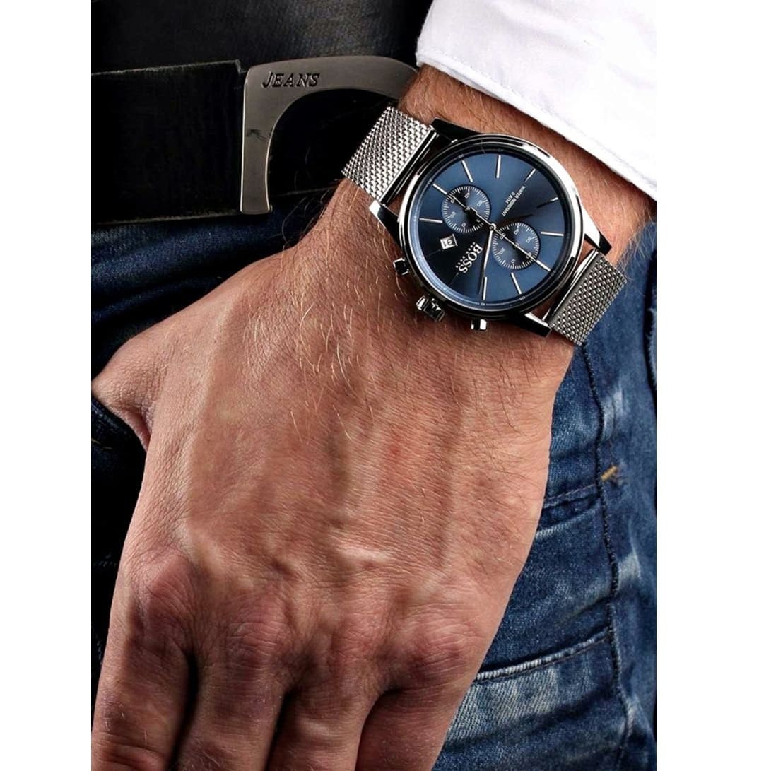 Hugo Boss Jet chronograph worn on wrist with silver mesh bracelet