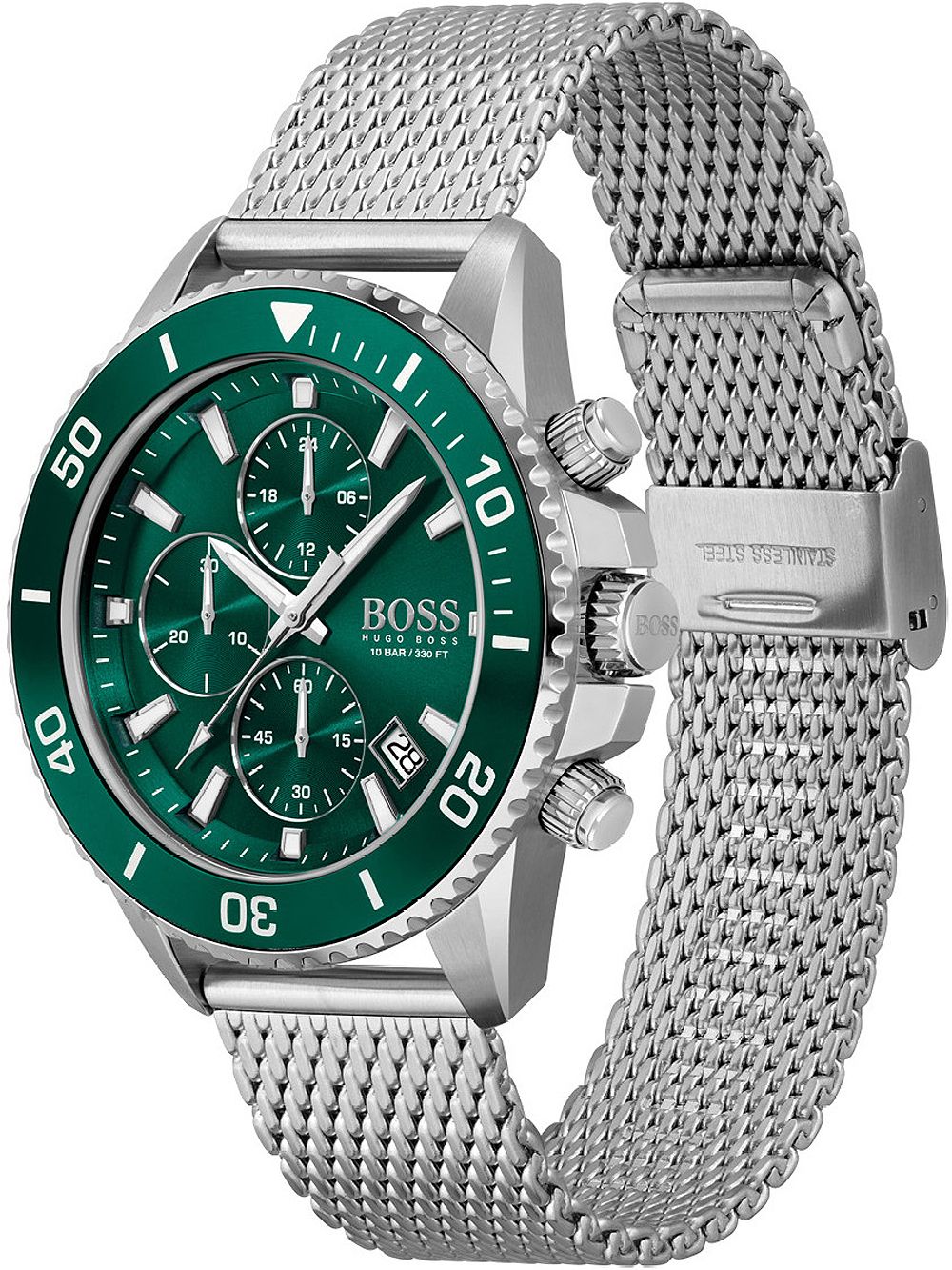 Hugo Boss Admiral watch at angle showing green dial and stainless steel mesh bracelet
