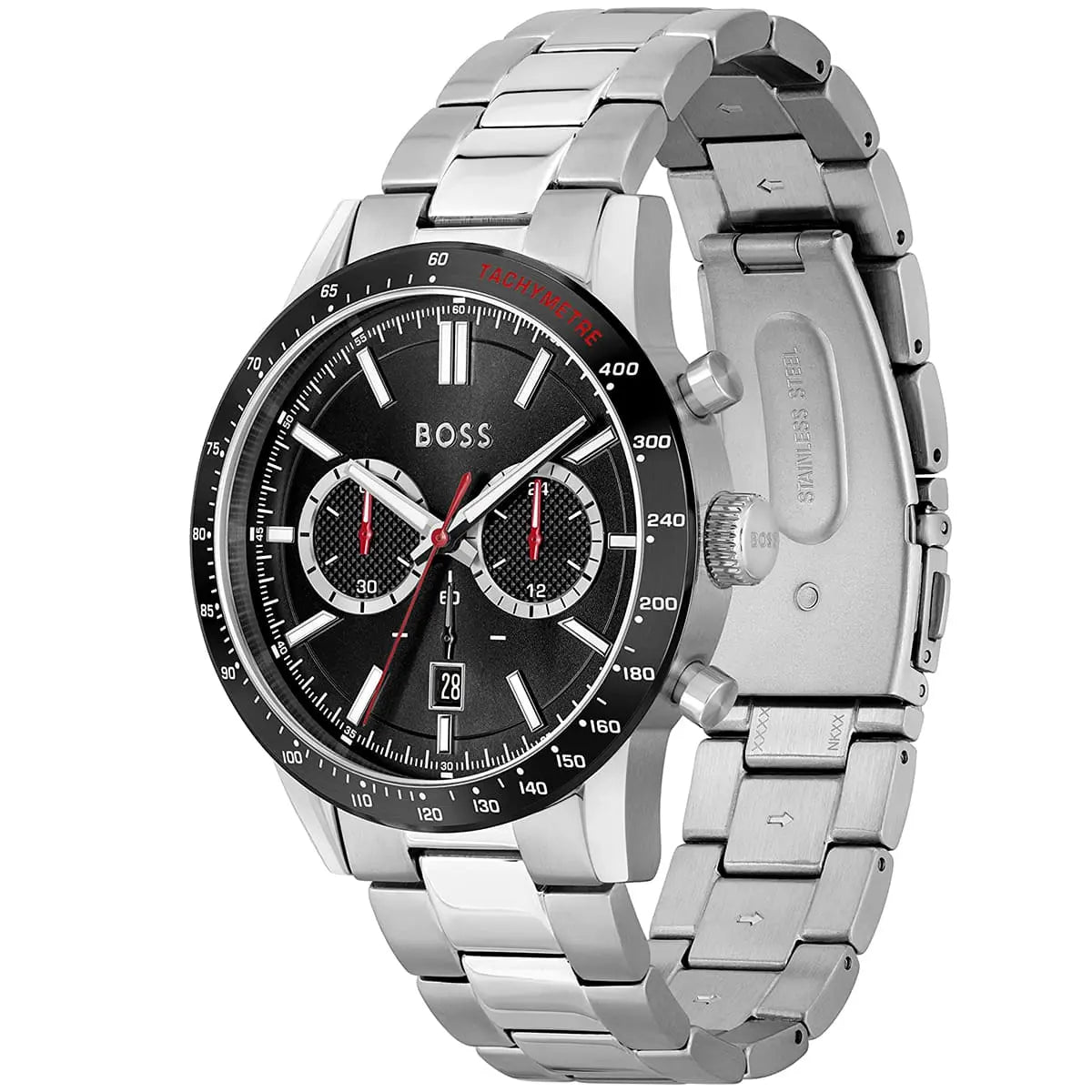 Hugo Boss Allure watch at angle showing black dial with dual subdials and silver metal bracelet