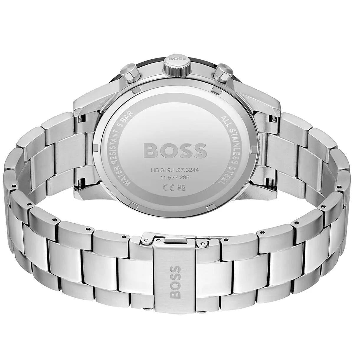 Hugo Boss Allure watch back view showing caseback and full stainless steel bracelet