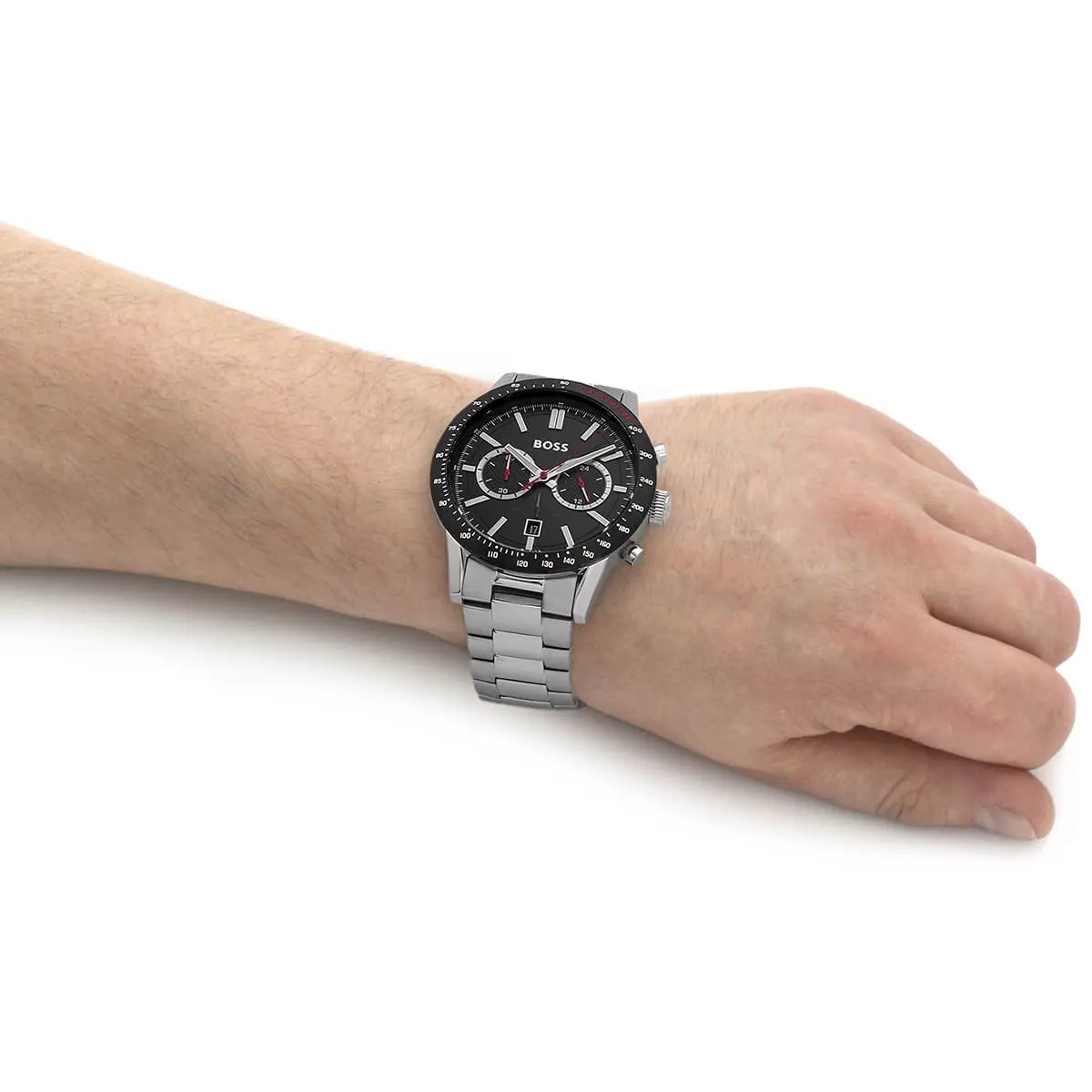 Hugo Boss Allure chronograph watch worn on wrist showing black dial and proportions