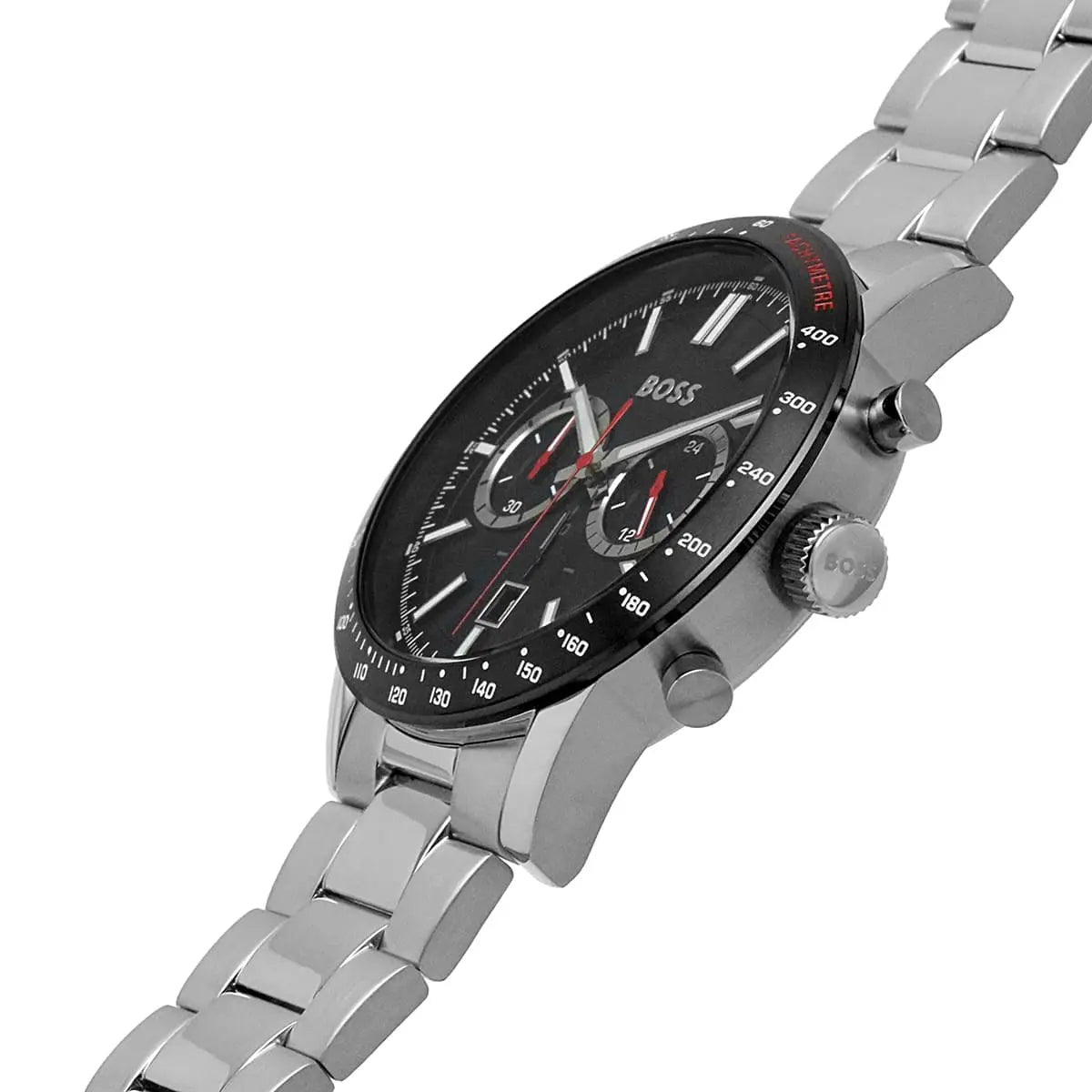 Side view of Hugo Boss Allure chronograph with stainless steel bracelet and case