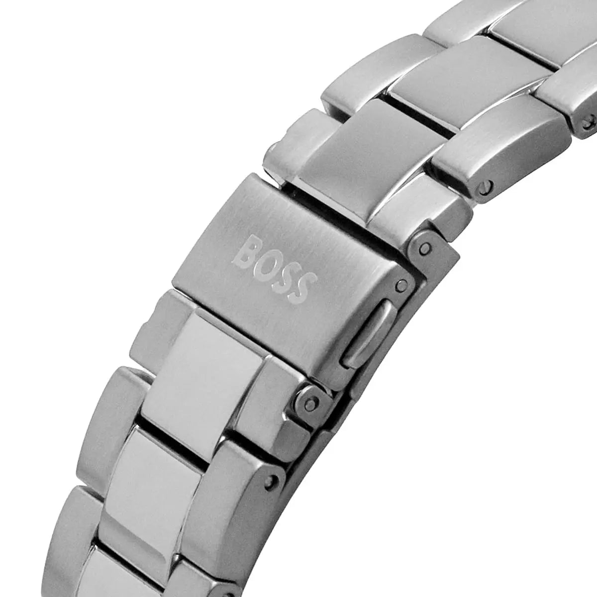 Close-up of Hugo Boss Allure stainless steel three-link bracelet with branded clasp