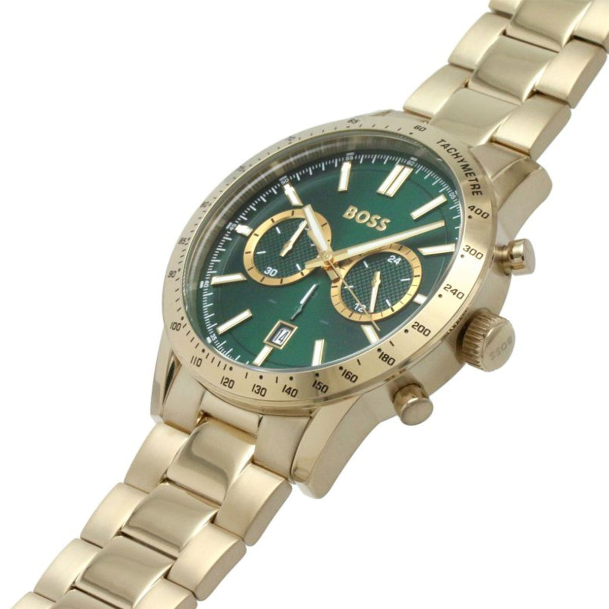 Hugo Boss Allure chronograph watch angled view showing gold-tone bracelet