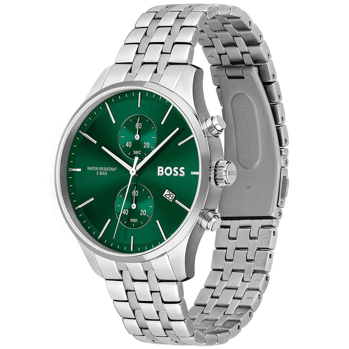 Hugo Boss Associate men's chronograph watch with green dial and stainless steel strap side view