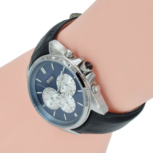Angle view of Hugo Boss chronograph watch showing case profile and dial design