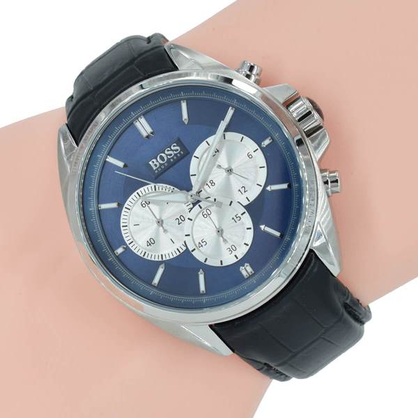 Hugo Boss blue dial chronograph watch worn on wrist with black crocodile leather strap