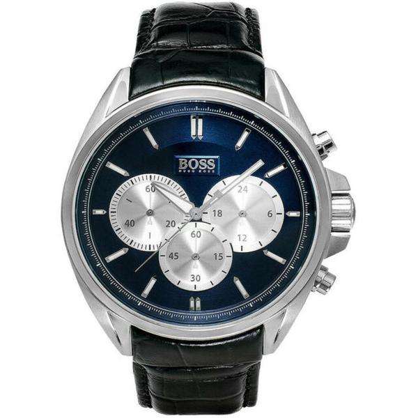 Hugo Boss chronograph watch with blue dial, white subdials, and black leather strap