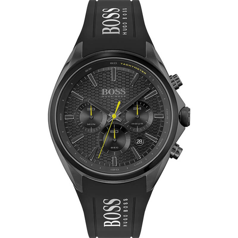 Hugo Boss Distinct black dial chronograph watch with yellow accents and black silicone strap