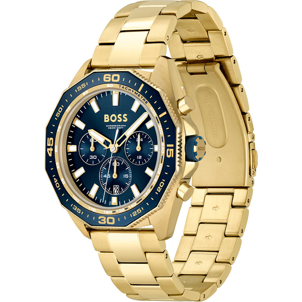Hugo Boss Energy chronograph watch shown at angle displaying gold bracelet and case