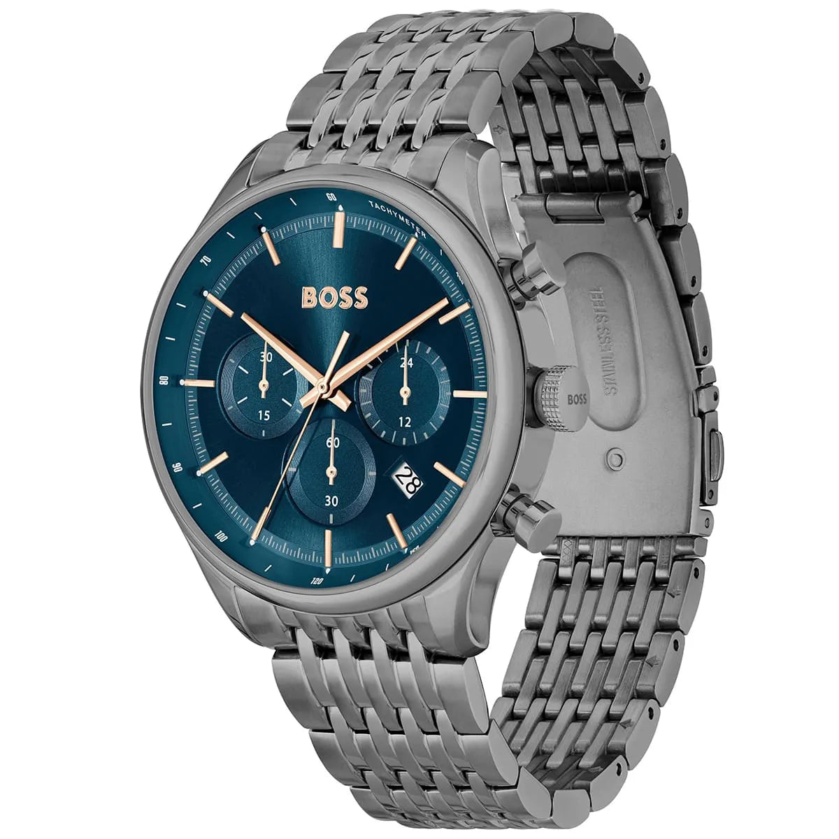 Hugo Boss Gregor chronograph watch displayed at angle showing blue dial and steel bracelet