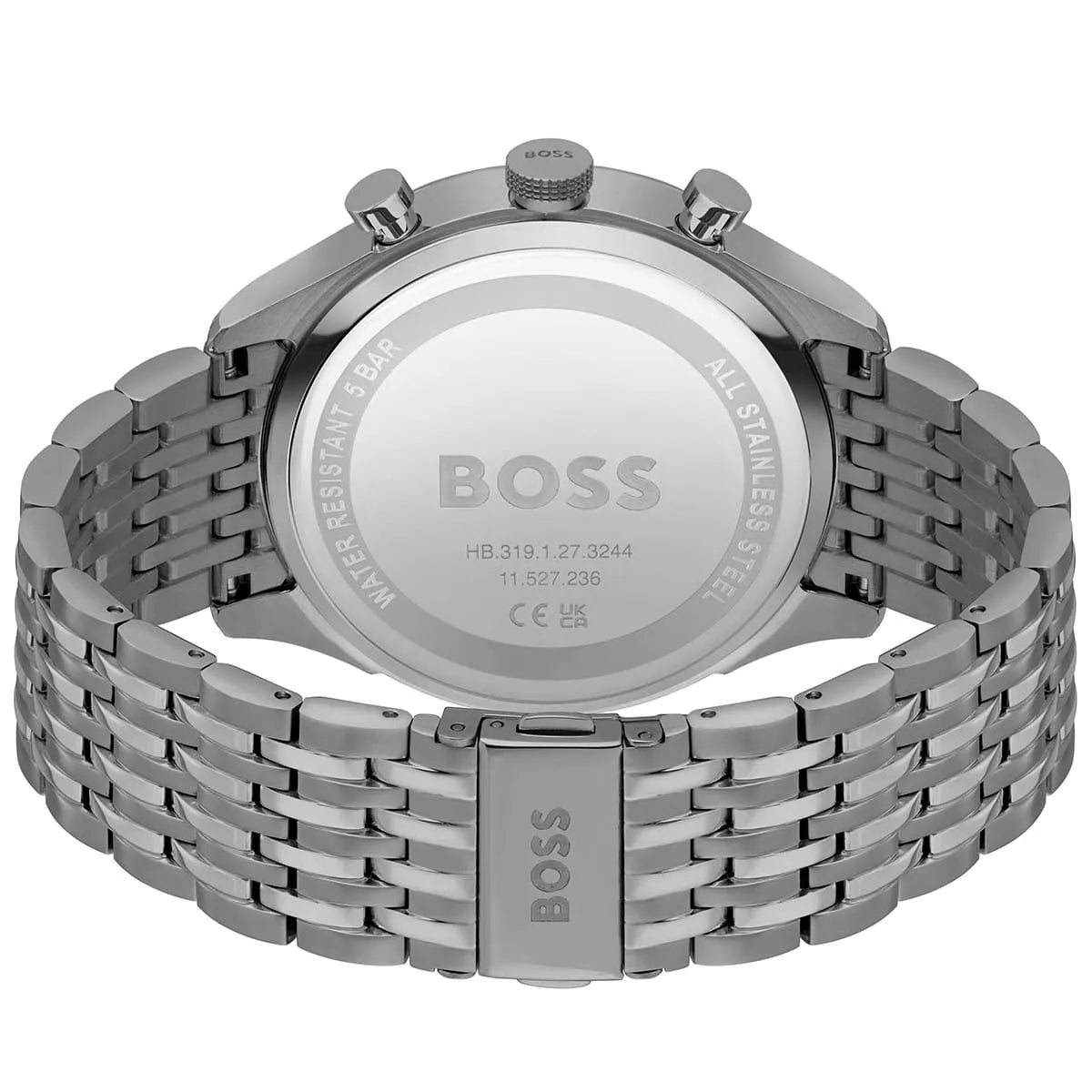 Hugo Boss Gregor caseback showing stainless steel back with model number and specifications