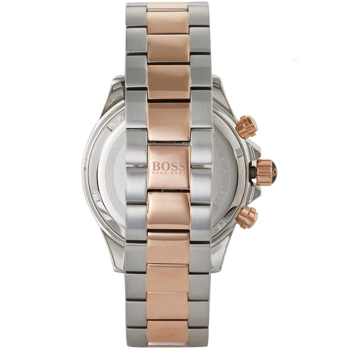 Hugo Boss Ikon watch side view showing two-tone steel strap and case profile