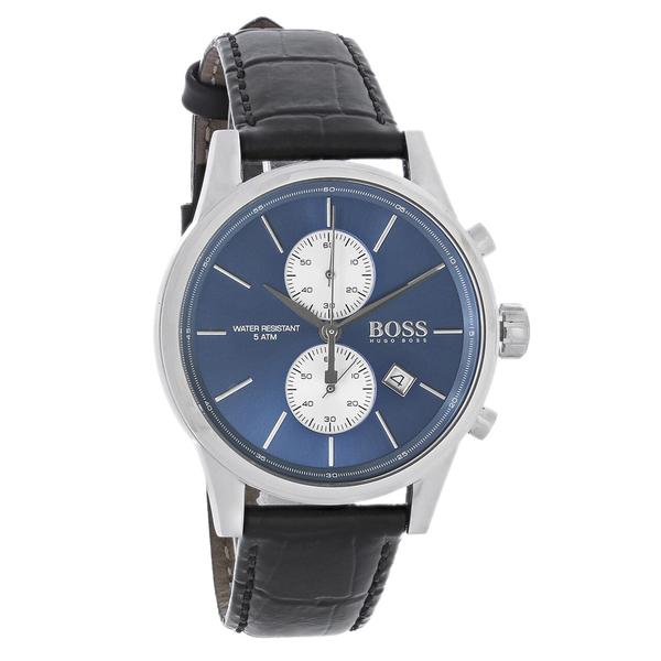 Hugo Boss Jet watch angled view showing blue dial and black crocodile-textured leather strap