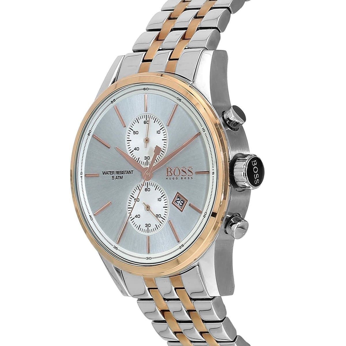 Side angle view of Hugo Boss Jet chronograph with two-tone bracelet and rose gold bezel